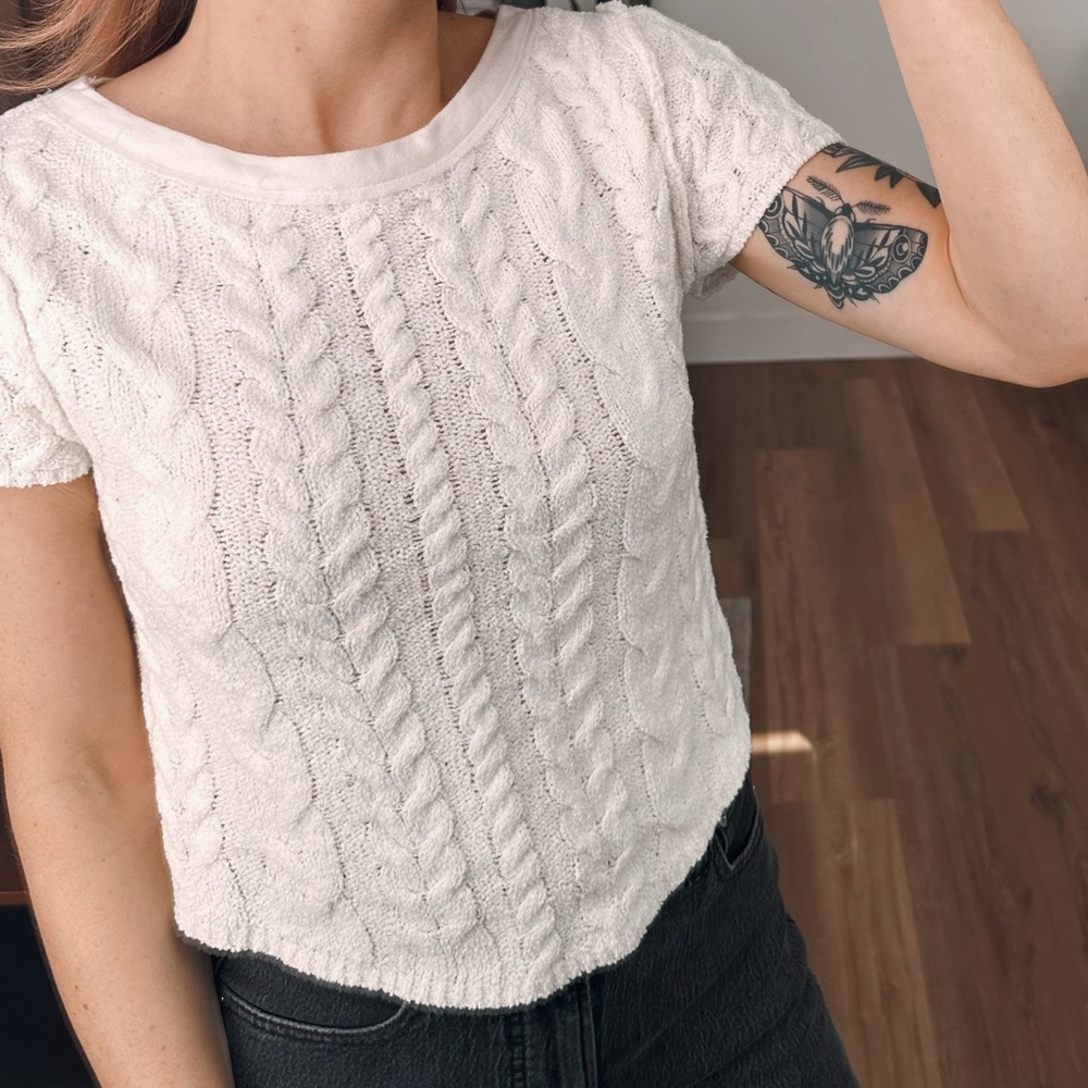 Free People White Cable Knit Short Sleeve Top